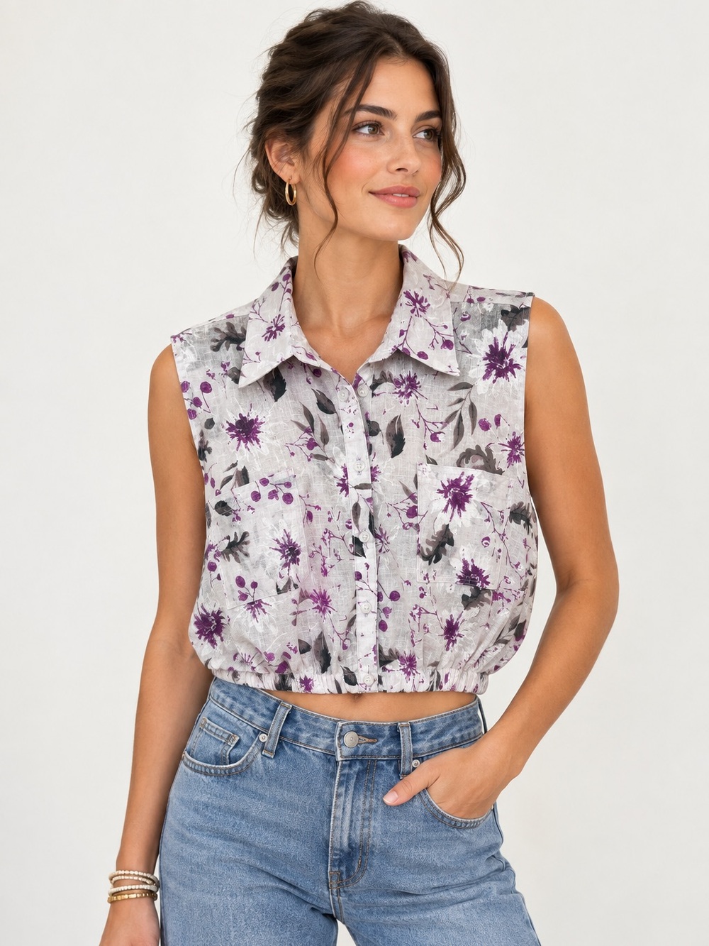 NWT Floral Linen Button down Top Blouse Vest Shirt Purple Lilac
